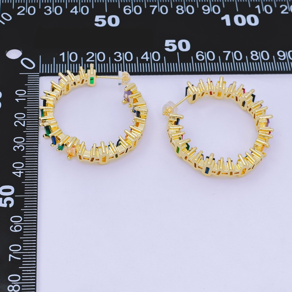 24K Gold Filled Multicolor Rectangular CZ Rainbow C - Shape Hoops Earrings | AJ - 109 - DLUXCA