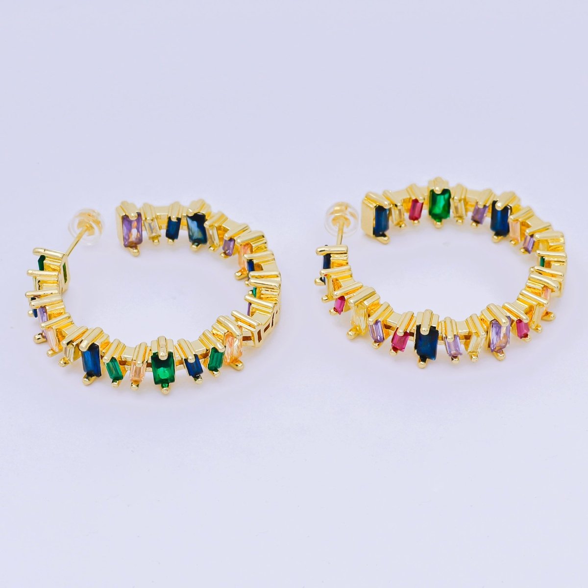 24K Gold Filled Multicolor Rectangular CZ Rainbow C - Shape Hoops Earrings | AJ - 109 - DLUXCA