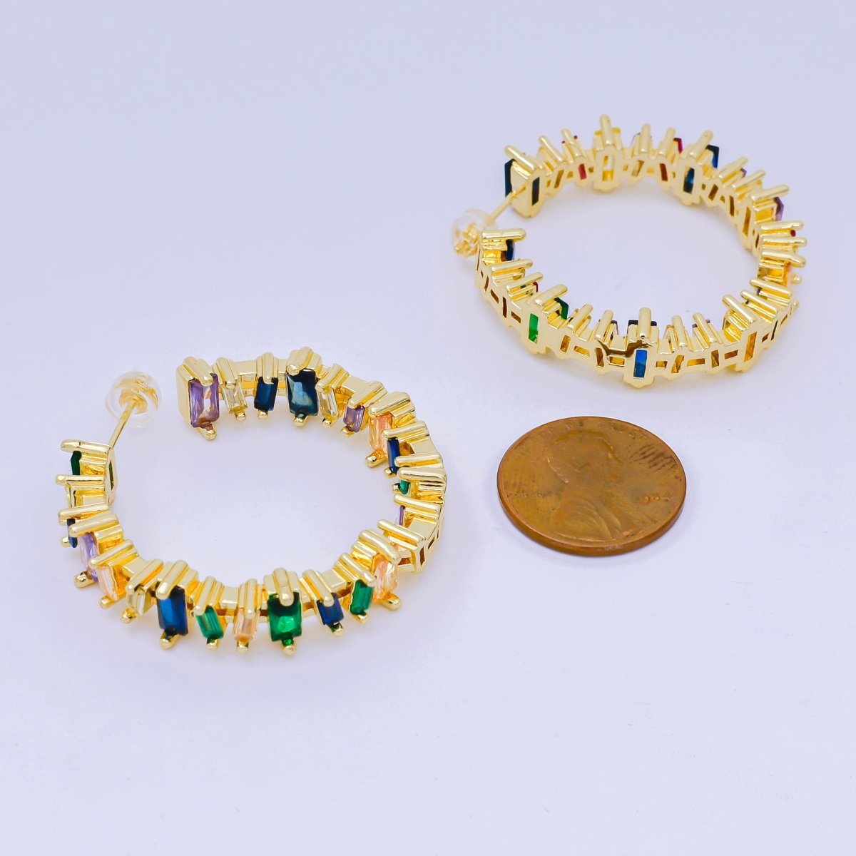 24K Gold Filled Multicolor Rectangular CZ Rainbow C - Shape Hoops Earrings | AJ - 109 - DLUXCA