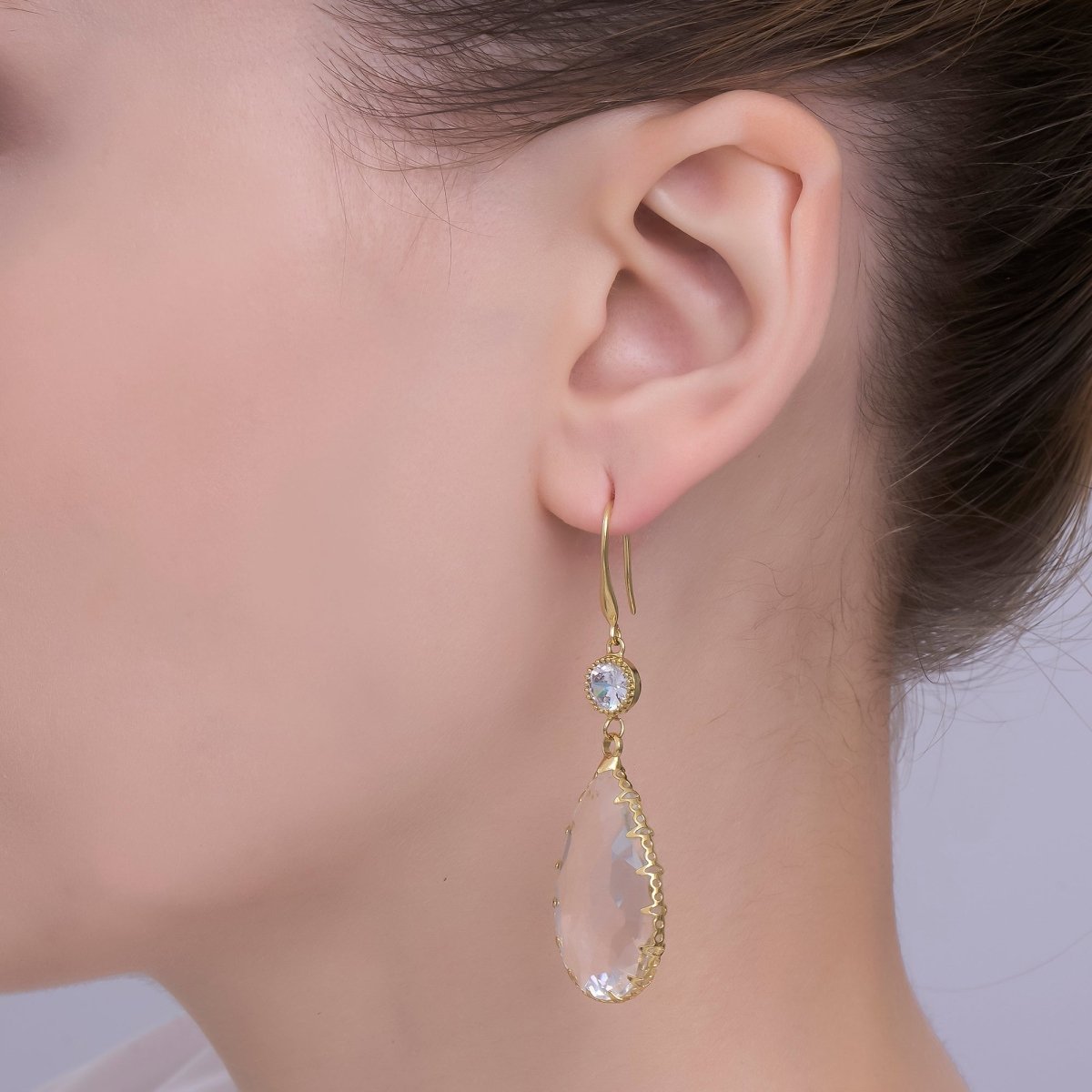 24K Gold Filled Multifaceted CZ Teardrop Drop French Hook Earrings | AB1416 - DLUXCA