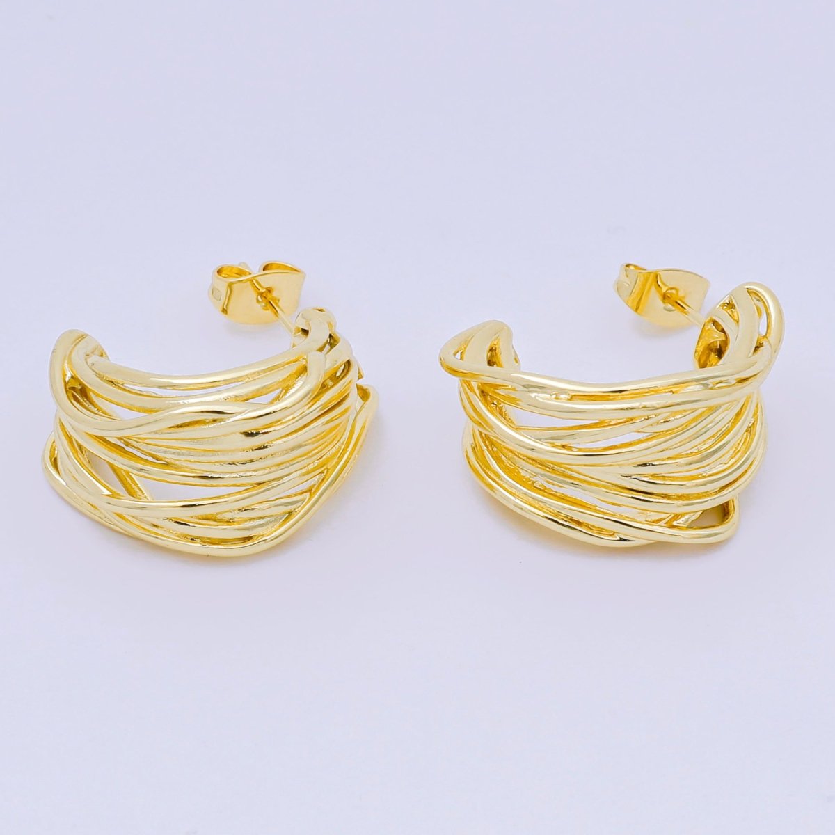 24K Gold Filled Multiple Band Lined C - Shaped Hoop Earrings in Gold & Silver | AJ140 AJ141 - DLUXCA