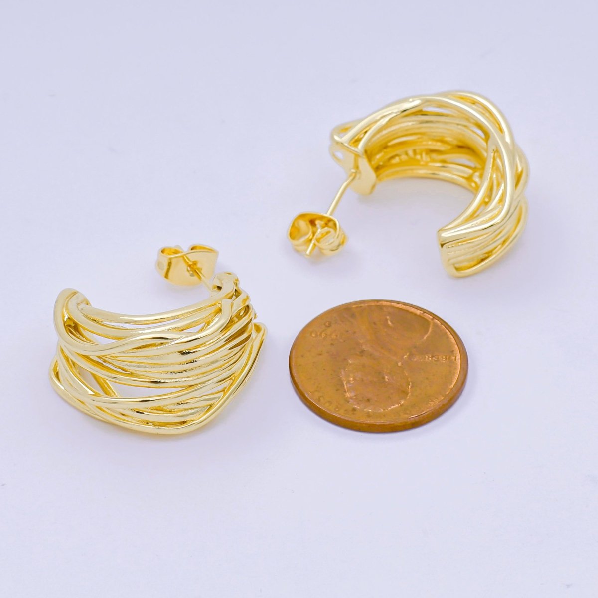 24K Gold Filled Multiple Band Lined C - Shaped Hoop Earrings in Gold & Silver | AJ140 AJ141 - DLUXCA