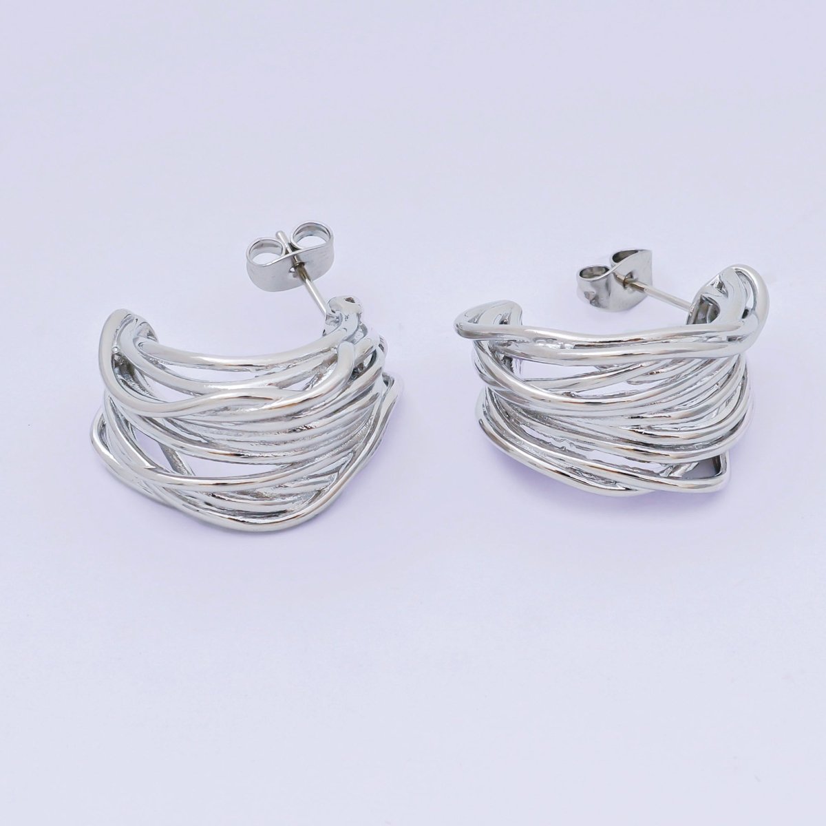 24K Gold Filled Multiple Band Lined C - Shaped Hoop Earrings in Gold & Silver | AJ140 AJ141 - DLUXCA