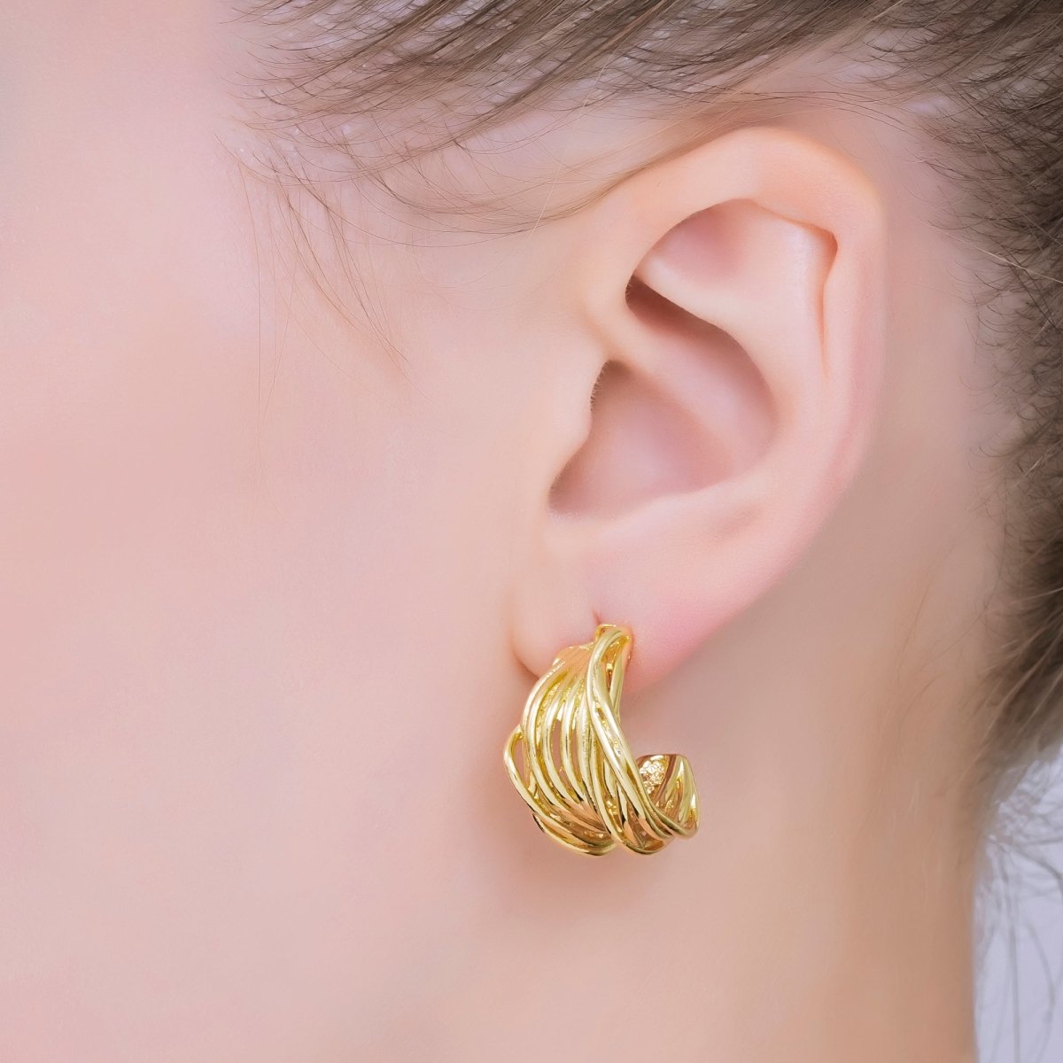 24K Gold Filled Multiple Band Lined C - Shaped Hoop Earrings in Gold & Silver | AJ140 AJ141 - DLUXCA