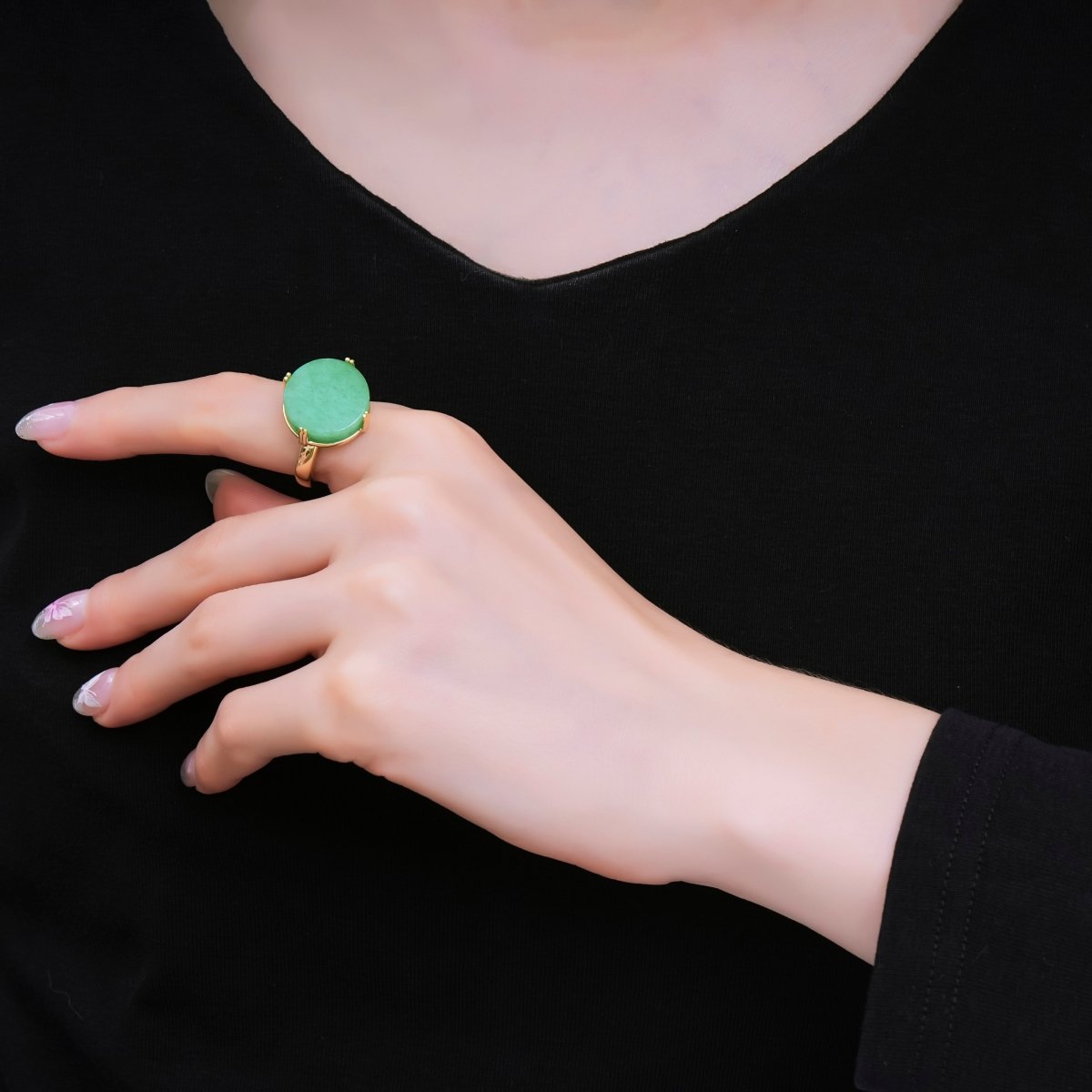 24K Gold Filled Natural Gemstone Jade Large Oval Solitaire Adjustable Ring | O - 1480 - DLUXCA