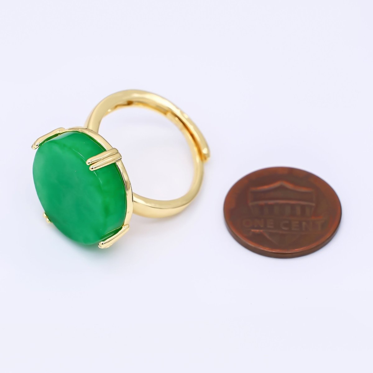 24K Gold Filled Natural Gemstone Jade Large Oval Solitaire Adjustable Ring | O - 1480 - DLUXCA