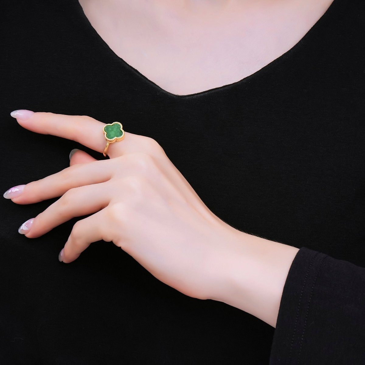 24K Gold Filled Natural Gemstone Jade Lucky Fortune Clover Solitaire Adjustable Ring | O - 1484 - DLUXCA