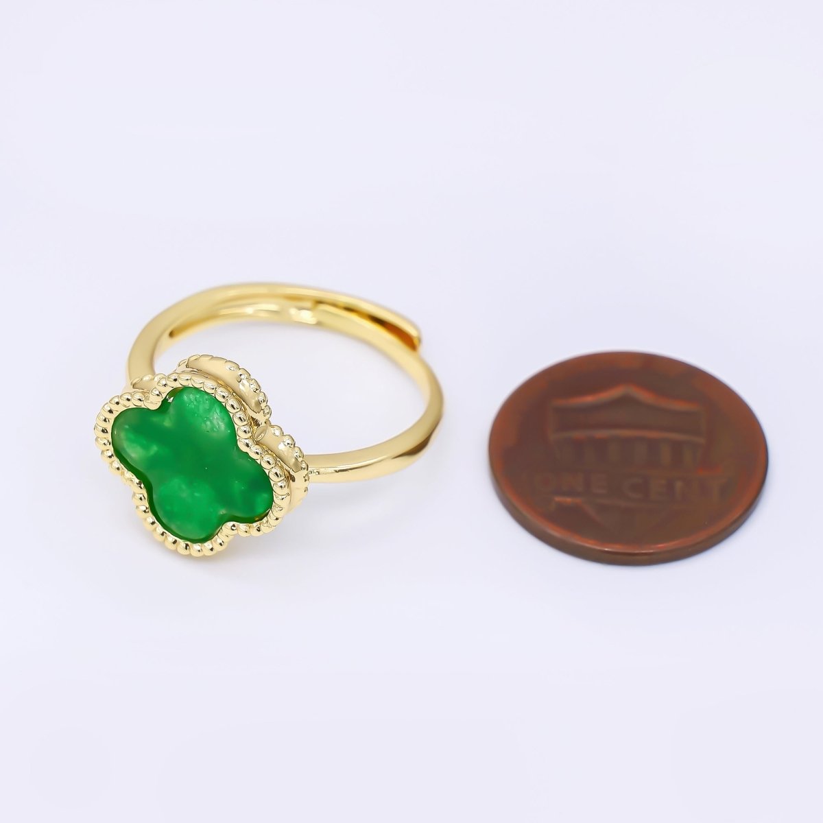 24K Gold Filled Natural Gemstone Jade Lucky Fortune Clover Solitaire Adjustable Ring | O - 1484 - DLUXCA