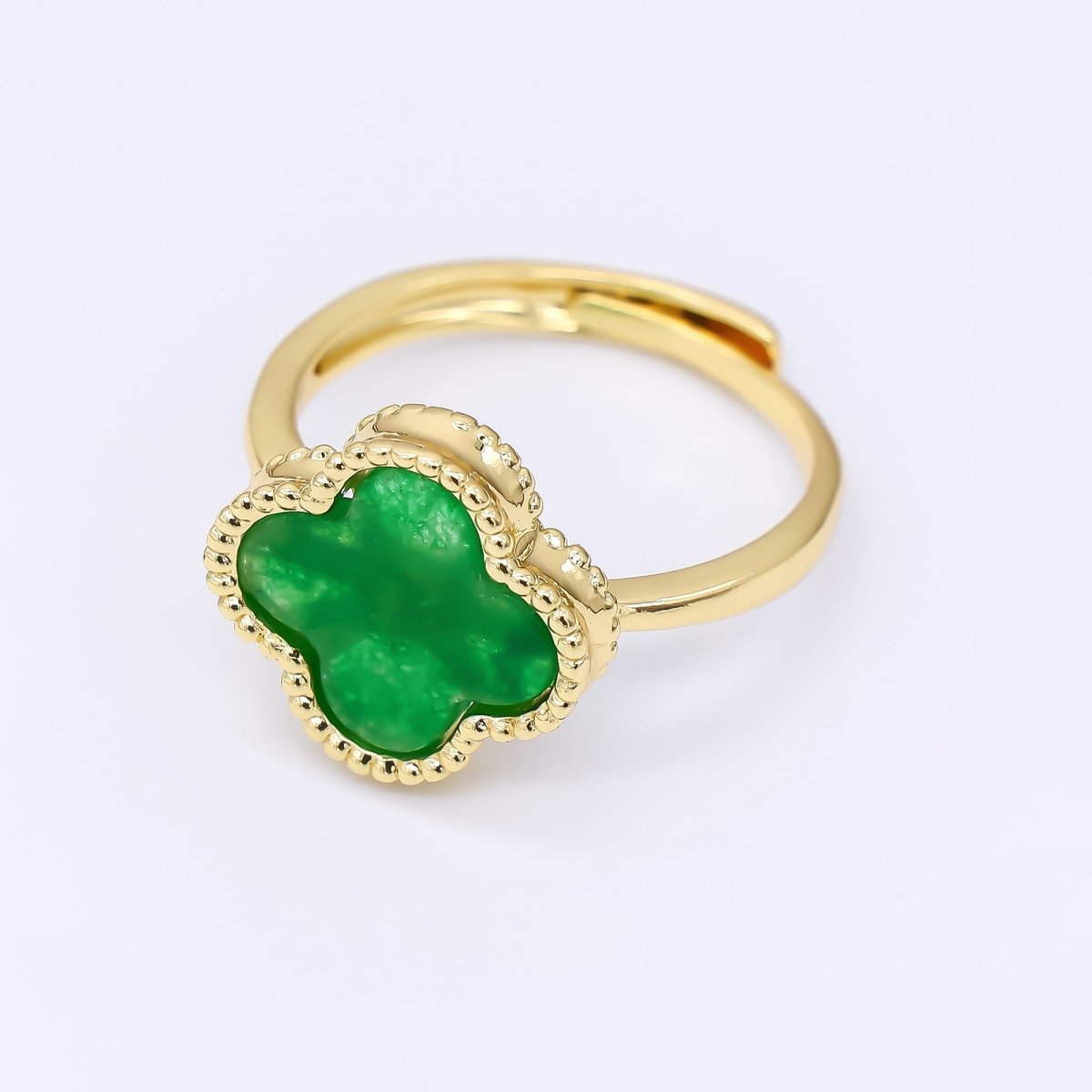 24K Gold Filled Natural Gemstone Jade Lucky Fortune Clover Solitaire Adjustable Ring | O - 1484 - DLUXCA