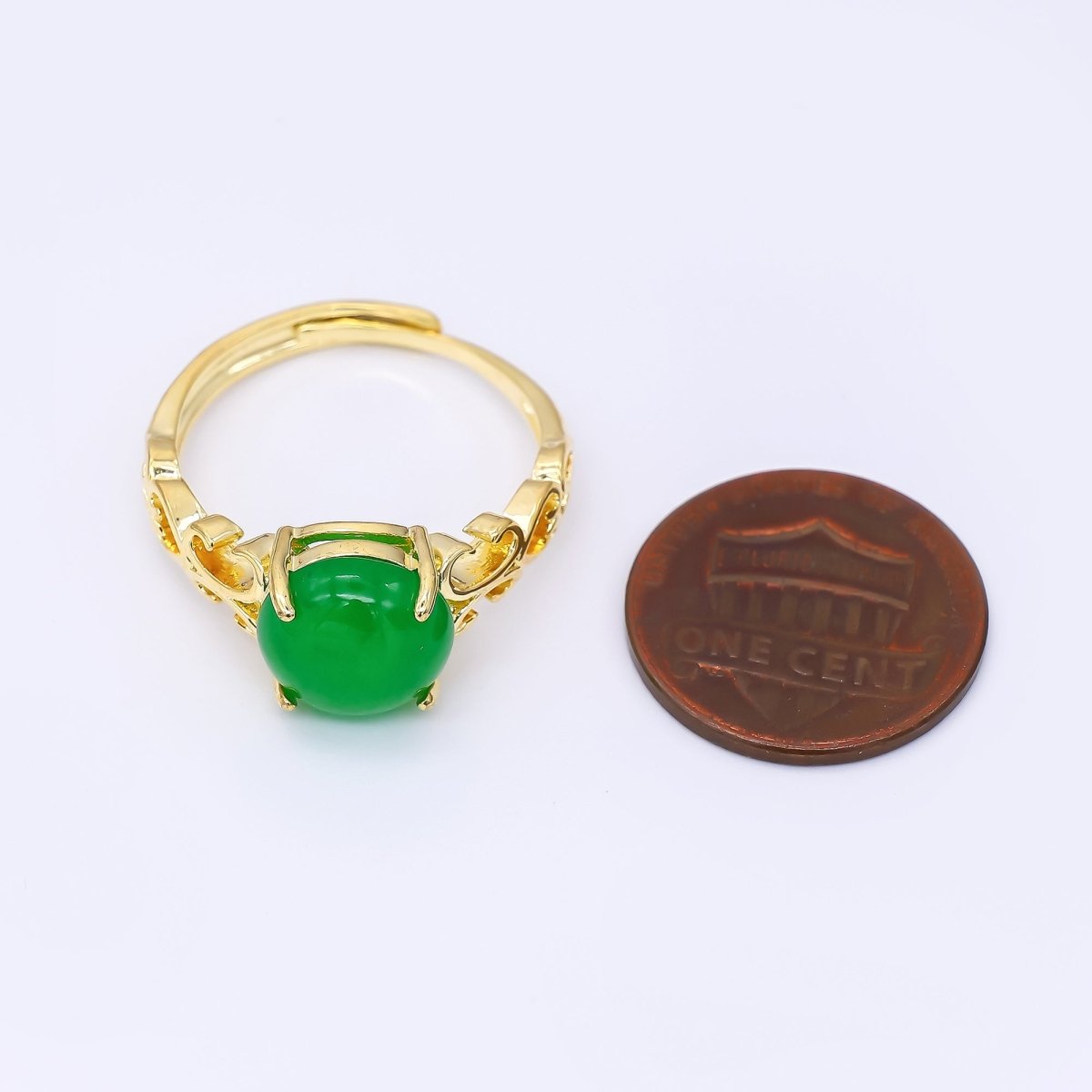 24K Gold Filled Natural Gemstone Jade Oval with Heart String Solitaire Adjustable Ring | O - 1482 - DLUXCA