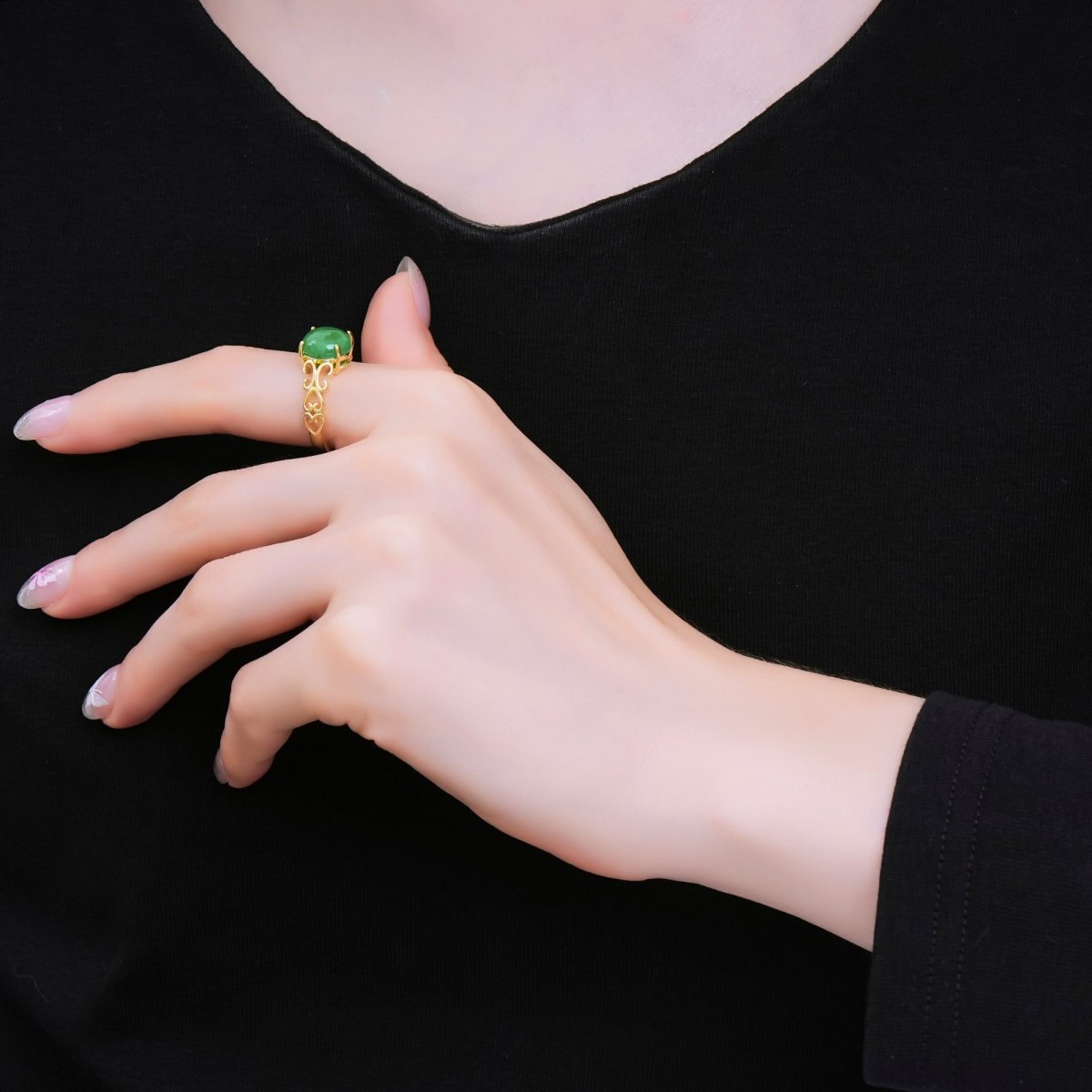 24K Gold Filled Natural Gemstone Jade Oval with Heart String Solitaire Adjustable Ring | O - 1482 - DLUXCA