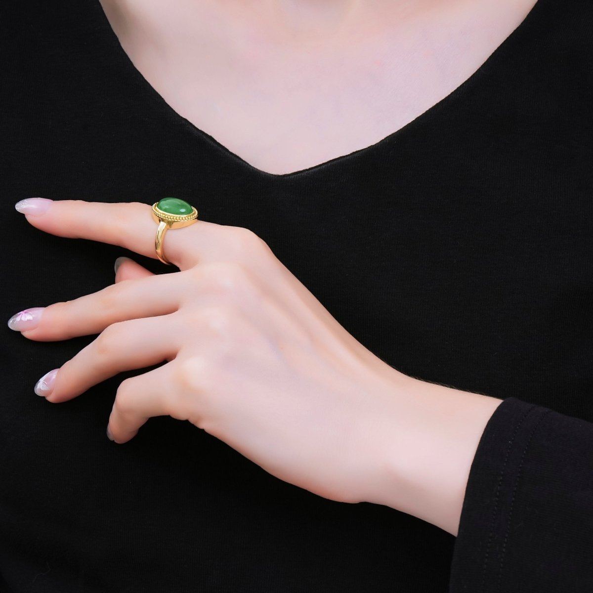 24K Gold Filled Natural Gemstone Lucky Green Oval Solitaire Adjustable Ring | O - 1483 - DLUXCA