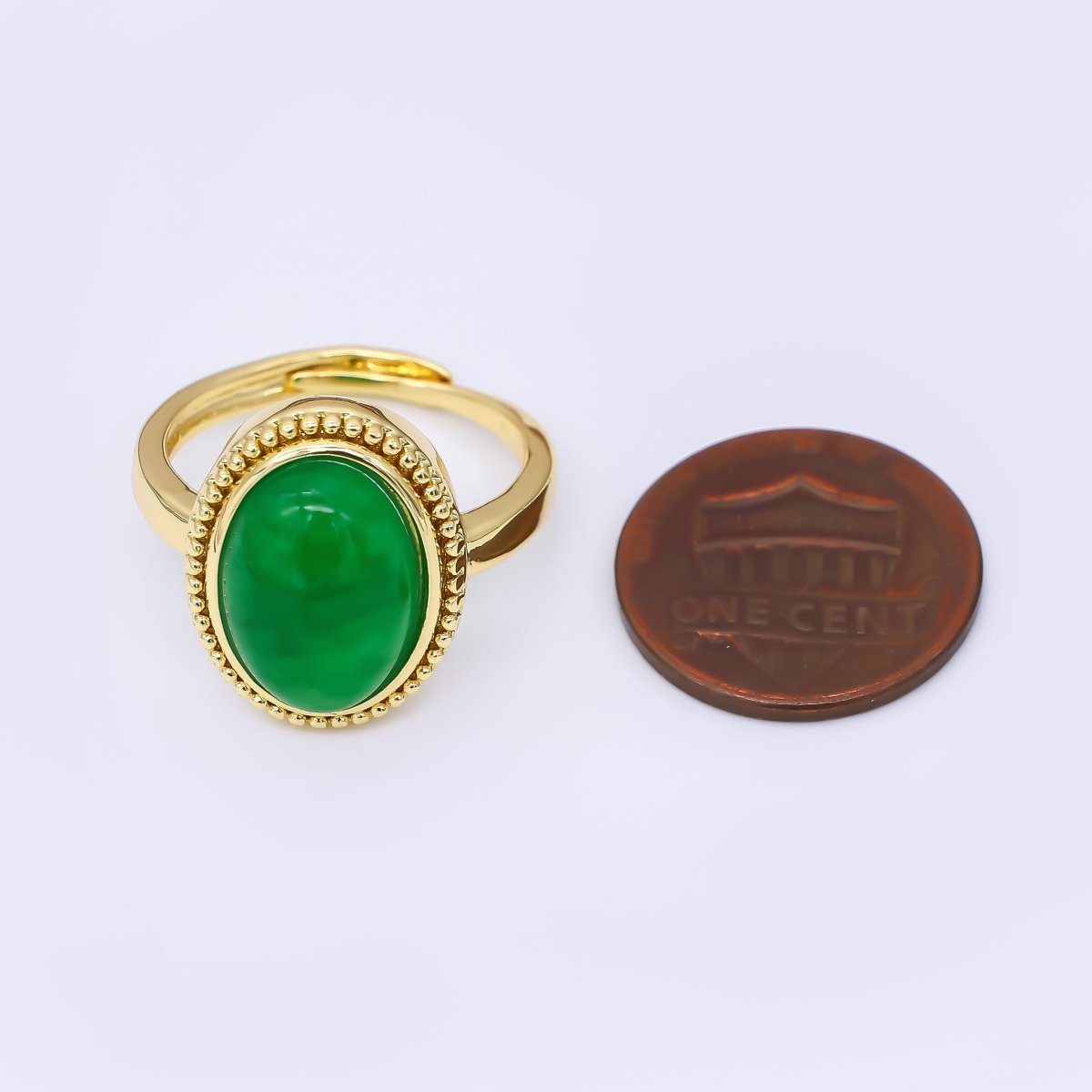 24K Gold Filled Natural Gemstone Lucky Green Oval Solitaire Adjustable Ring | O - 1483 - DLUXCA