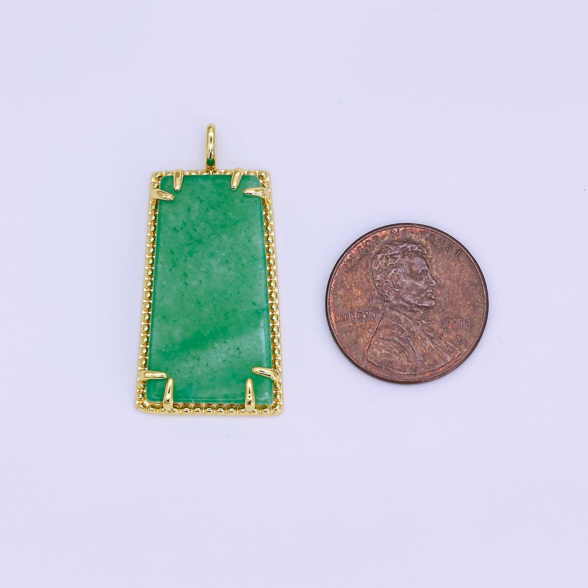 24K Gold Filled Natural Green Jade Rectangular Dotted Bezel Drop Pendant | AH481 - DLUXCA