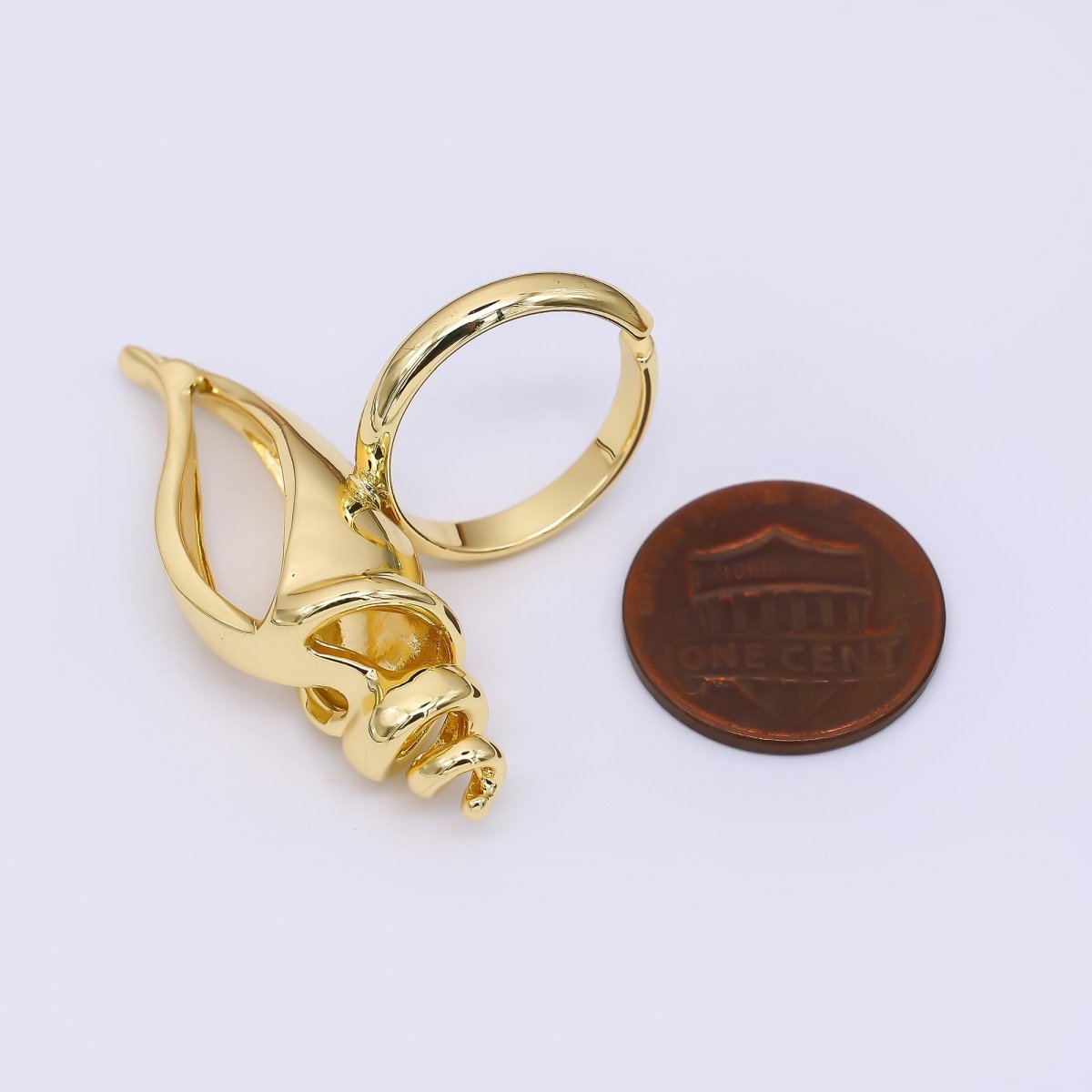 24K Gold Filled Nautical Conch Shell Statement Adjustable Open Ring | O1467 - DLUXCA