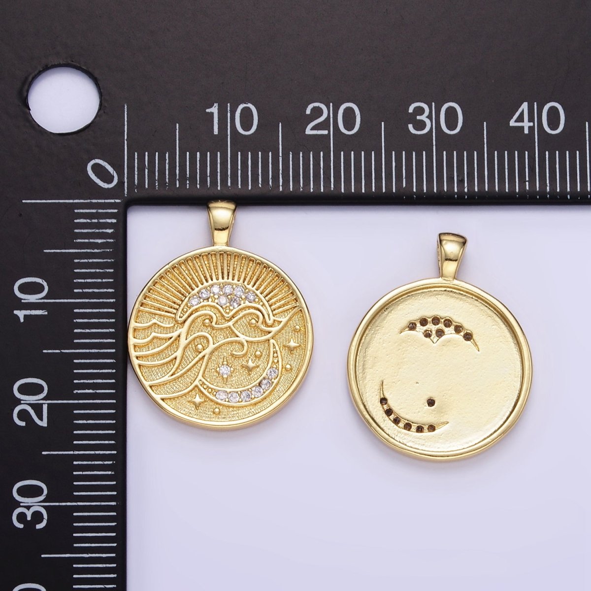 24K Gold Filled Ocean Waves Celestial Moon Micro Paved CZ Round Pendant | AA1354 - DLUXCA
