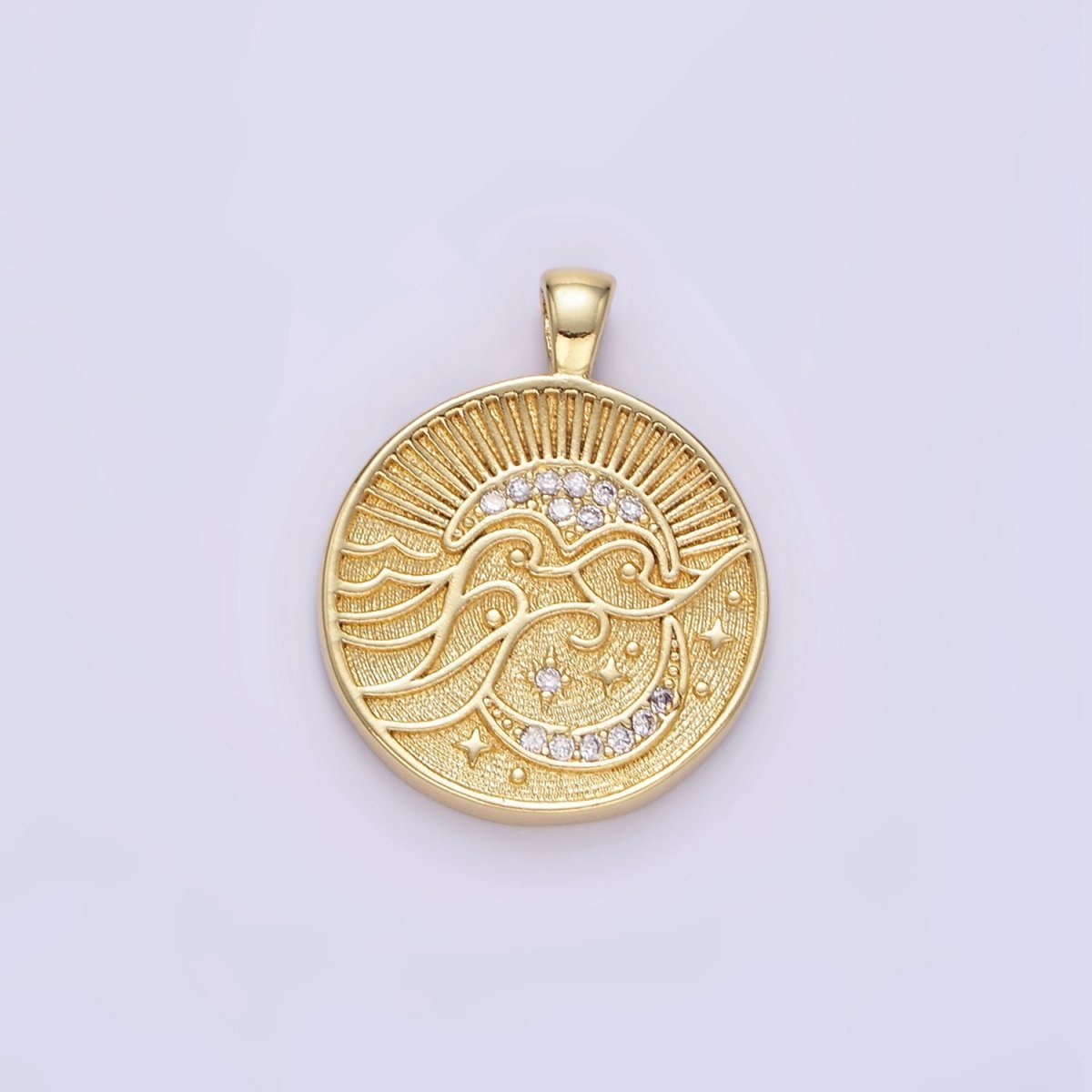 24K Gold Filled Ocean Waves Celestial Moon Micro Paved CZ Round Pendant | AA1354 - DLUXCA