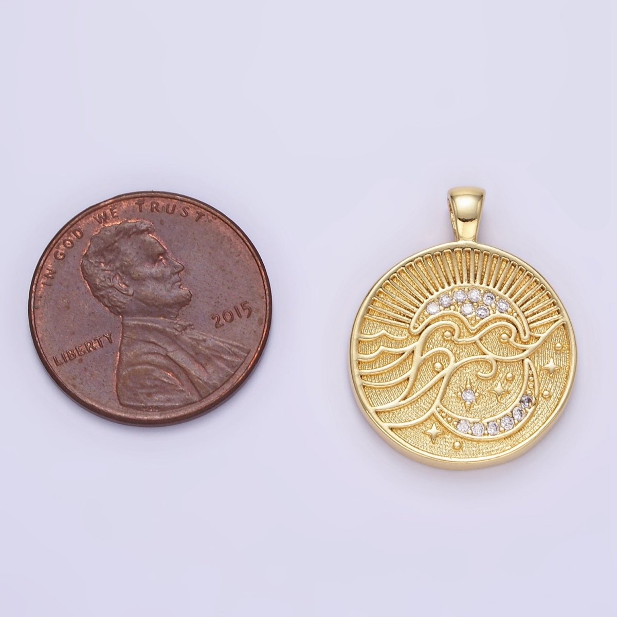 24K Gold Filled Ocean Waves Celestial Moon Micro Paved CZ Round Pendant | AA1354 - DLUXCA