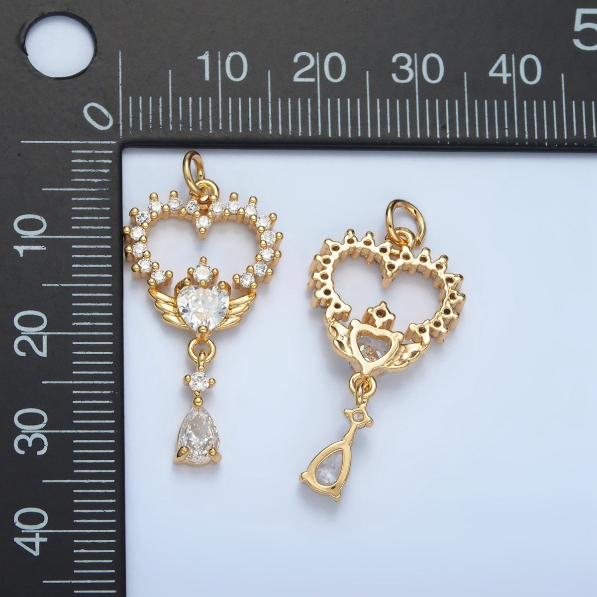 24K Gold Filled Open Clear CZ Heart Wings Teardrop Drop Charm | E689 - DLUXCA