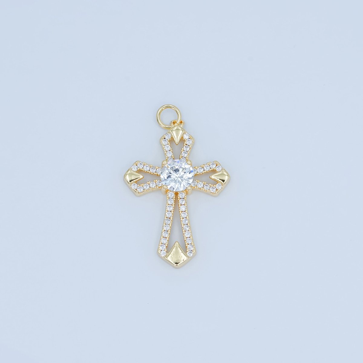 24K Gold Filled Open Clear CZ Micro Paved Passion Cross Charm | N118 - DLUXCA