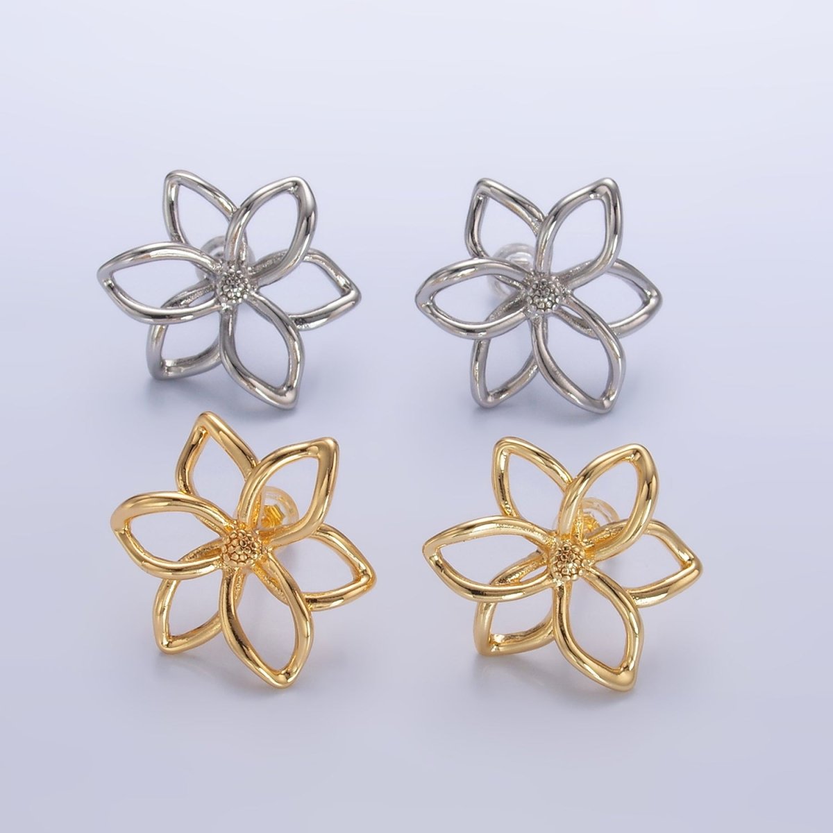 24K Gold Filled Open Floral Flower Stud Earrings in Gold & Silver | V - 303 V - 311 - DLUXCA