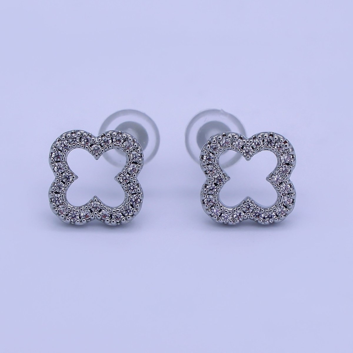 24K Gold Filled Open Micro Paved CZ Clover Stud Earrings in Gold & Silver | AE725 AE727 - DLUXCA