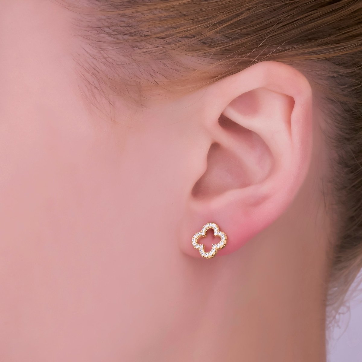 24K Gold Filled Open Micro Paved CZ Clover Stud Earrings in Gold & Silver | AE725 AE727 - DLUXCA