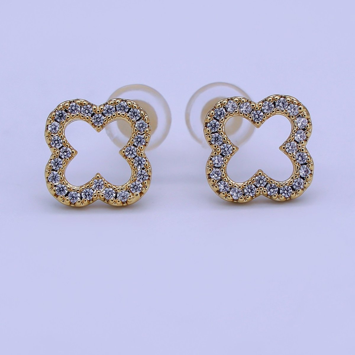 24K Gold Filled Open Micro Paved CZ Clover Stud Earrings in Gold & Silver | AE725 AE727 - DLUXCA
