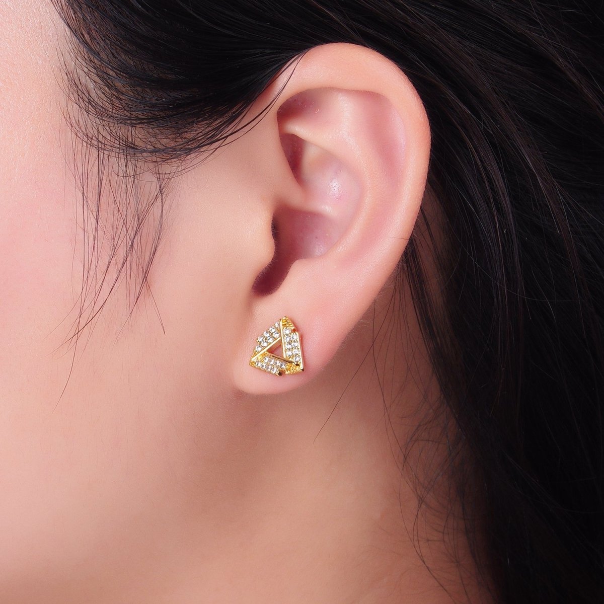 24K Gold Filled Open Micro Paved CZ Triangle Stud Earrings | P355 - DLUXCA
