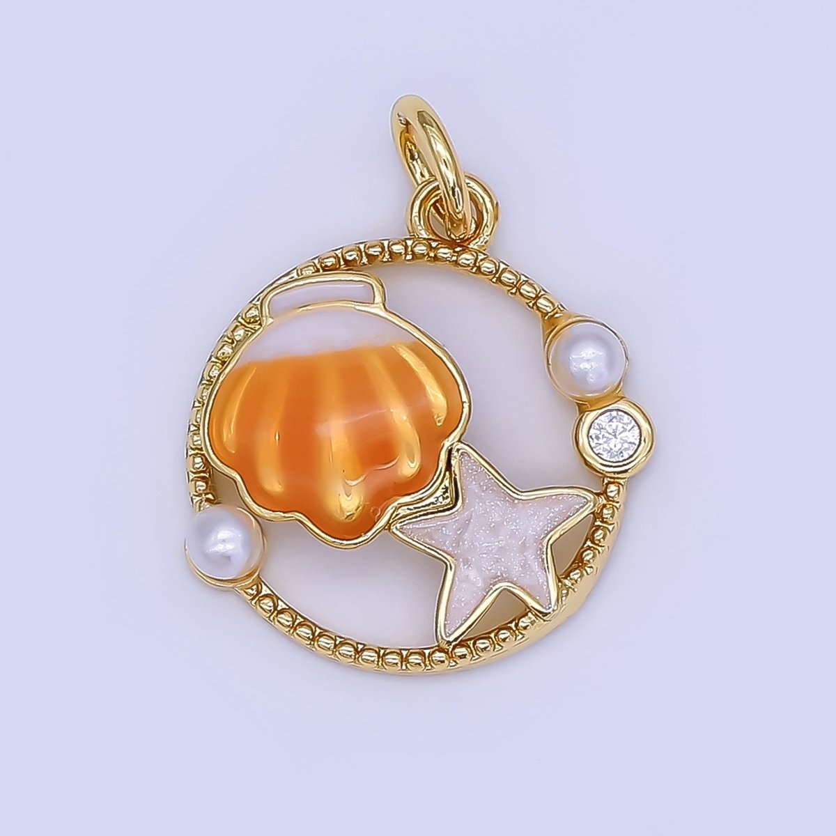 24K Gold Filled Orange, Blue, Orange Sea Clam Shell Starfish Open Round Charm | AF508 - AF509 - DLUXCA