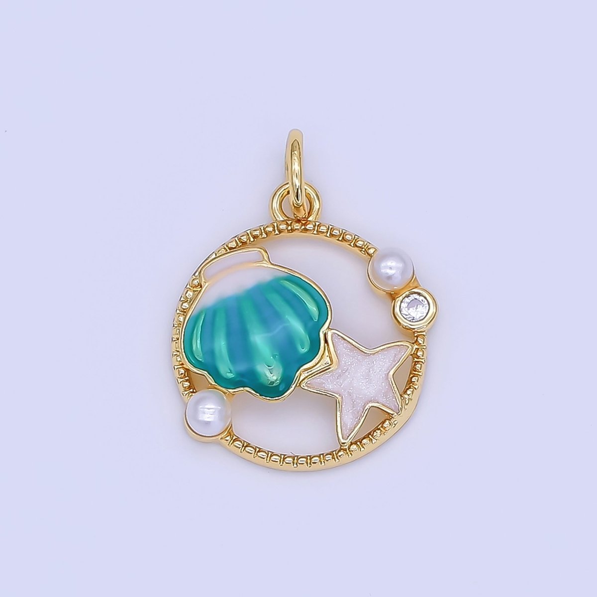 24K Gold Filled Orange, Blue, Orange Sea Clam Shell Starfish Open Round Charm | AF508 - AF509 - DLUXCA