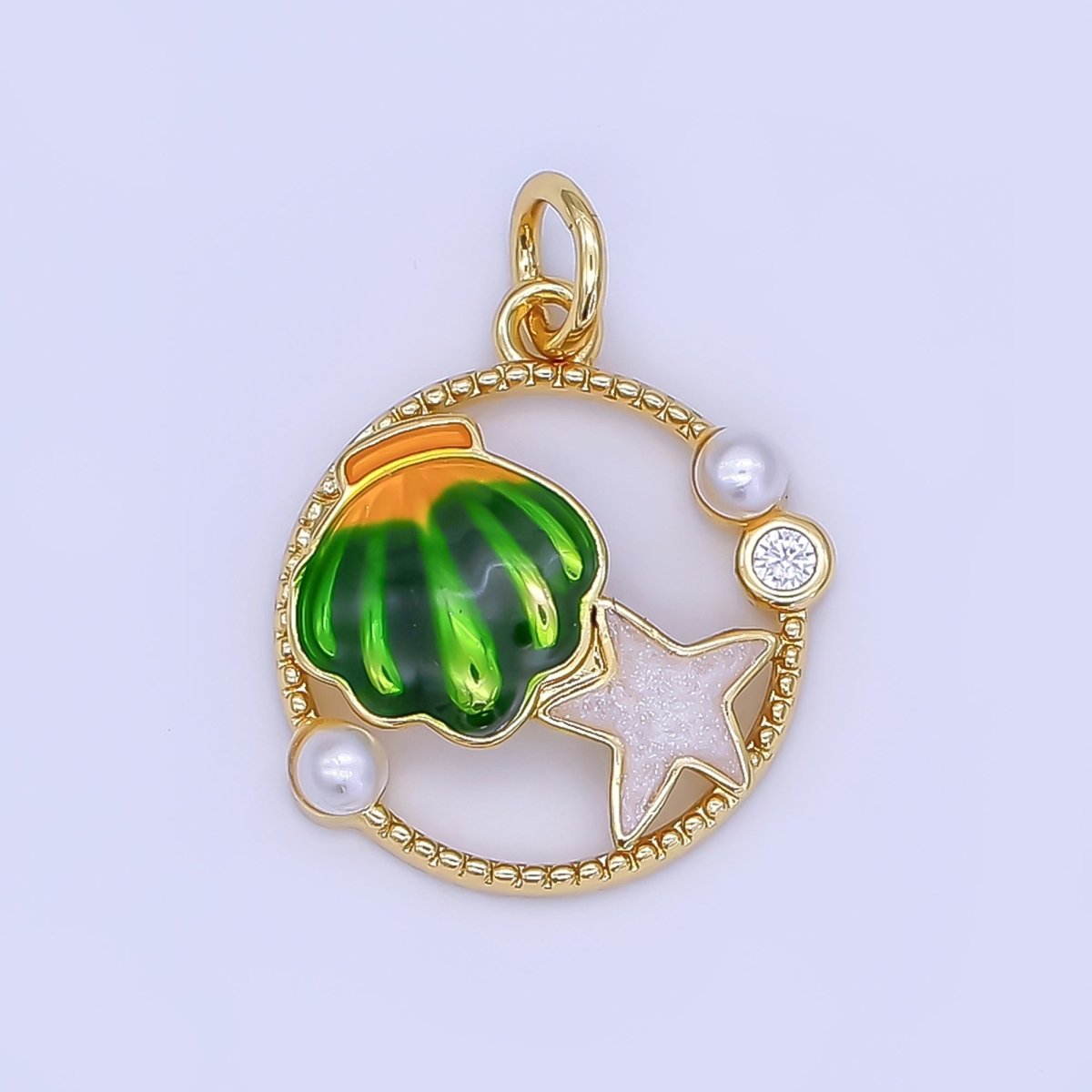 24K Gold Filled Orange, Blue, Orange Sea Clam Shell Starfish Open Round Charm | AF508 - AF509 - DLUXCA