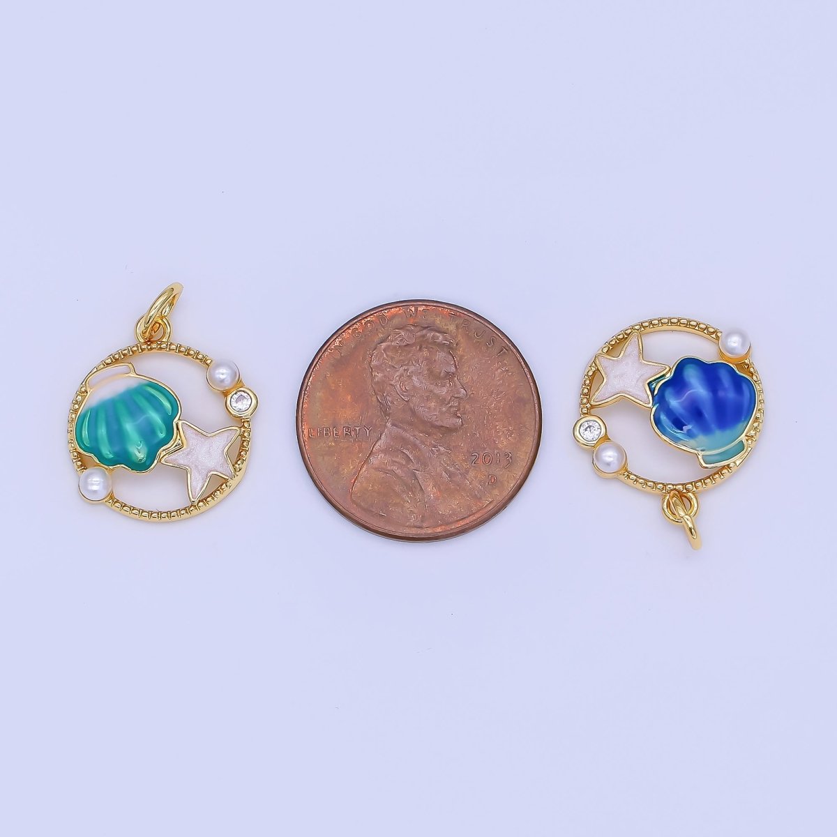 24K Gold Filled Orange, Blue, Orange Sea Clam Shell Starfish Open Round Charm | AF508 - AF509 - DLUXCA