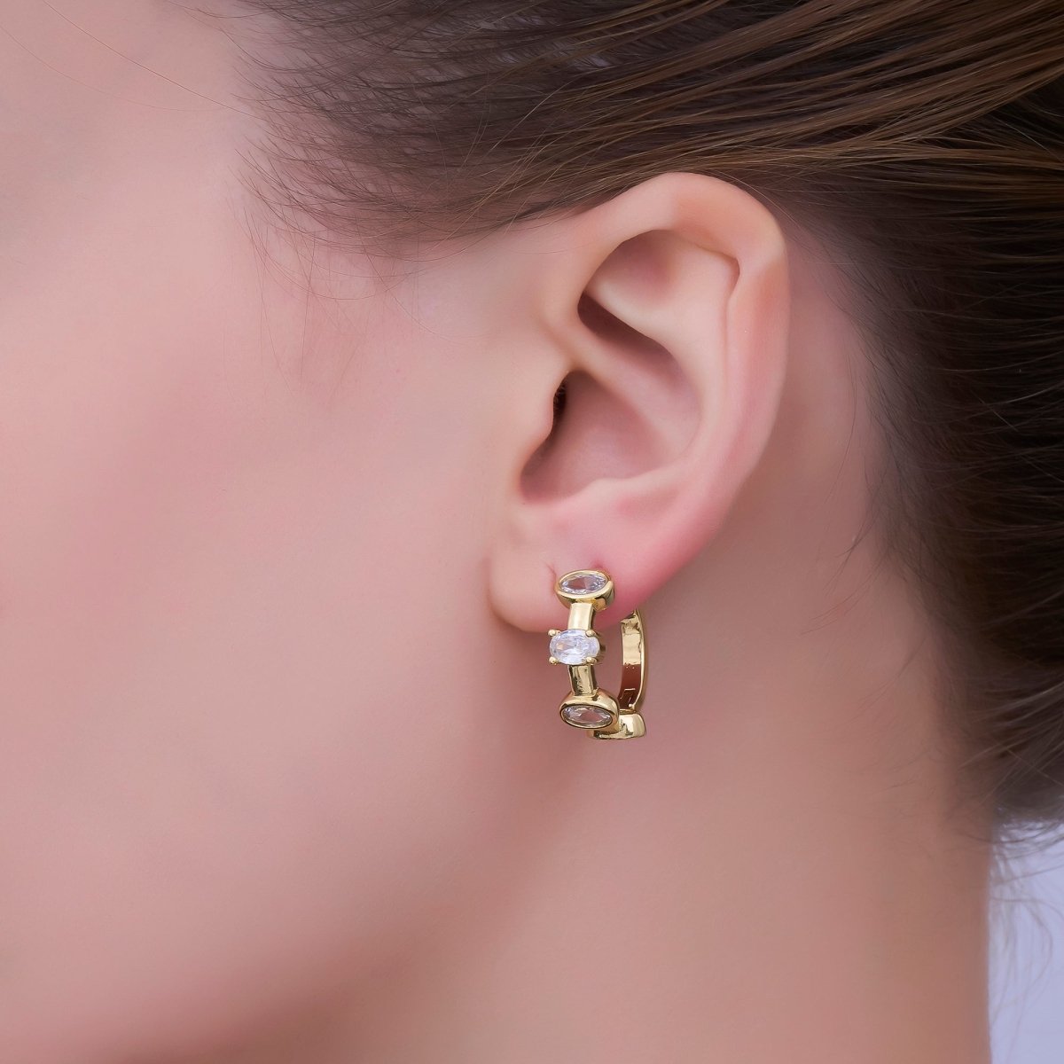 24K Gold Filled Oval CZ Bezel Huggie Hoop Earrings | V519 - DLUXCA