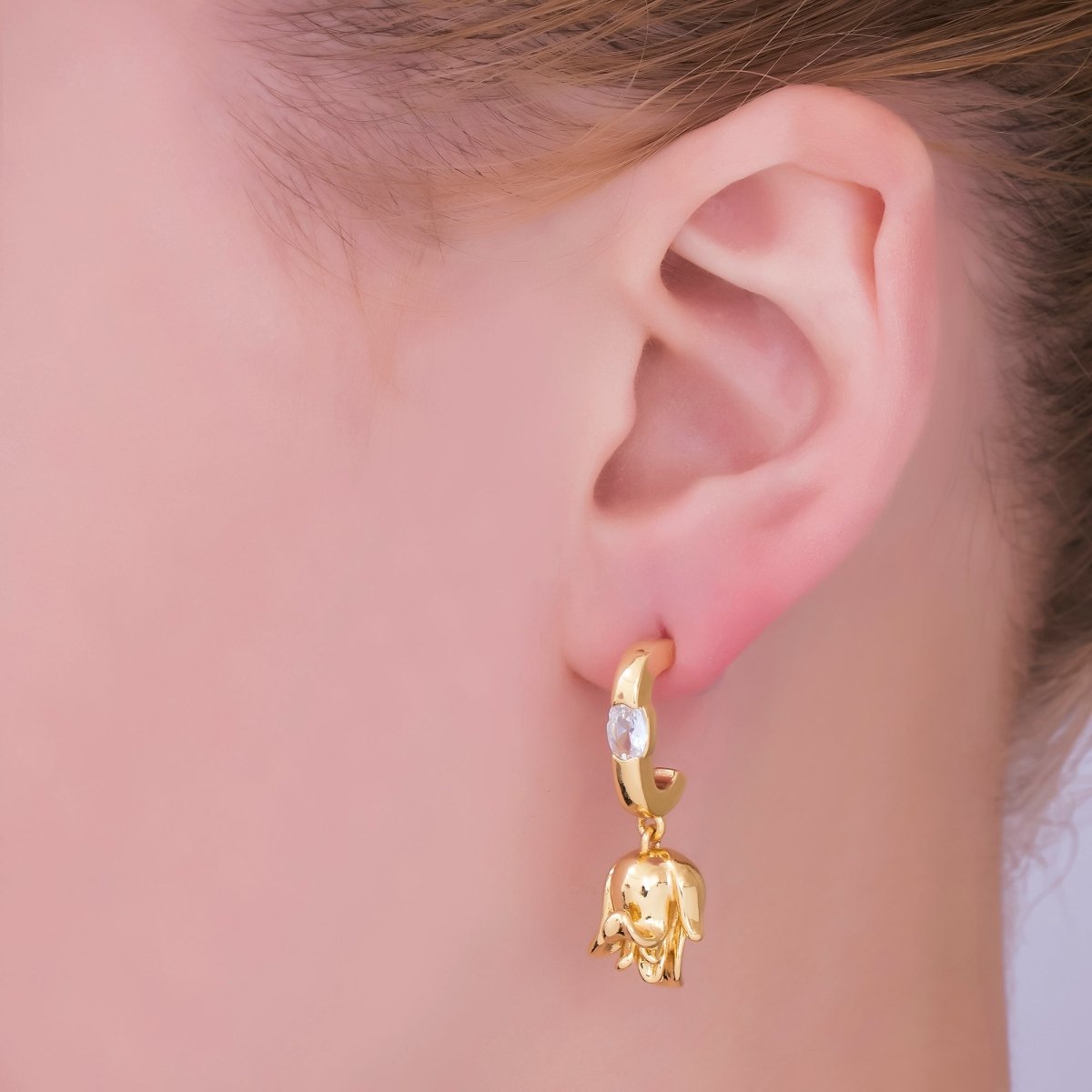 24K Gold Filled Oval CZ Flower J - Shaped Drop Hoop Earrings | AI443 - DLUXCA