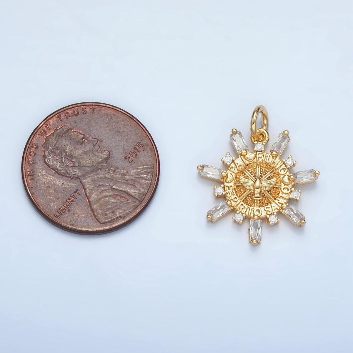 24K Gold Filled "Pai, Filho, Espirito Santo" Script Dove Baguette Sun Charm | E227 - DLUXCA