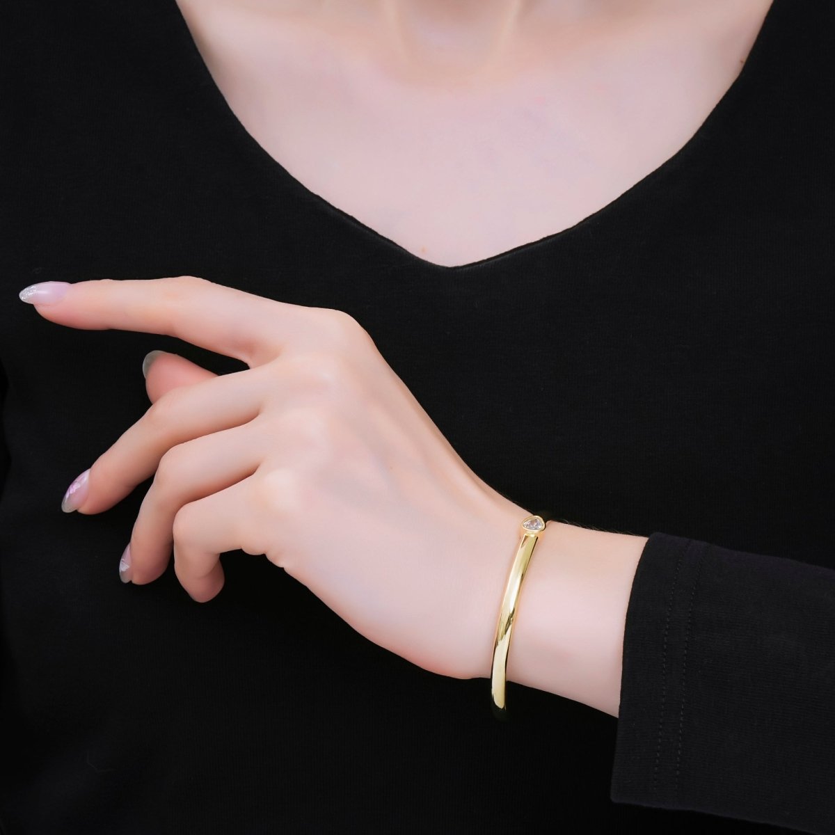 24K Gold Filled Pear CZ Minimalist Teardrop Bangle Cuff Bracelet in Gold & Silver | WA - 3095 - WA - 3096 - DLUXCA