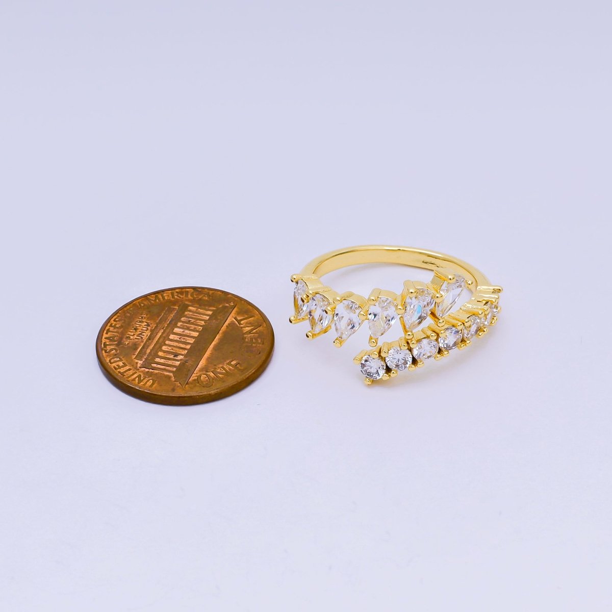 24K Gold Filled Pear & Round CZ Dainty Open Adjustable Ring | O - 1449 - DLUXCA