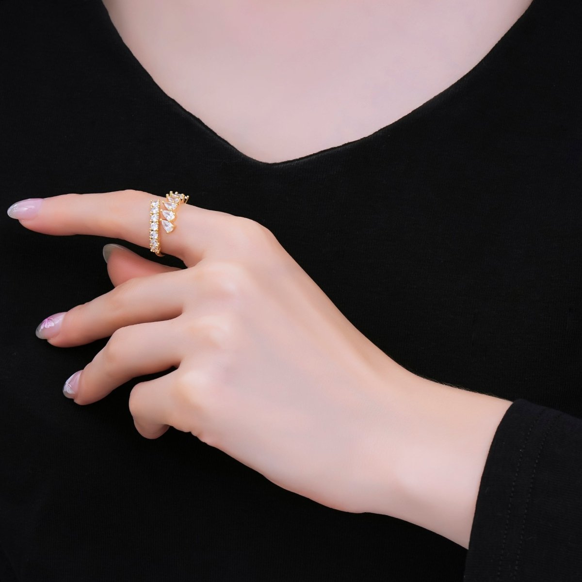 24K Gold Filled Pear & Round CZ Dainty Open Adjustable Ring | O - 1449 - DLUXCA