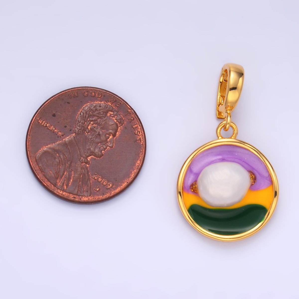 24K Gold Filled Pearl Colorful Artsy Coin Charm with Snap Bail Pendant | AA - 1469 - DLUXCA