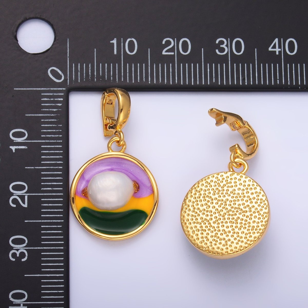 24K Gold Filled Pearl Colorful Artsy Coin Charm with Snap Bail Pendant | AA - 1469 - DLUXCA