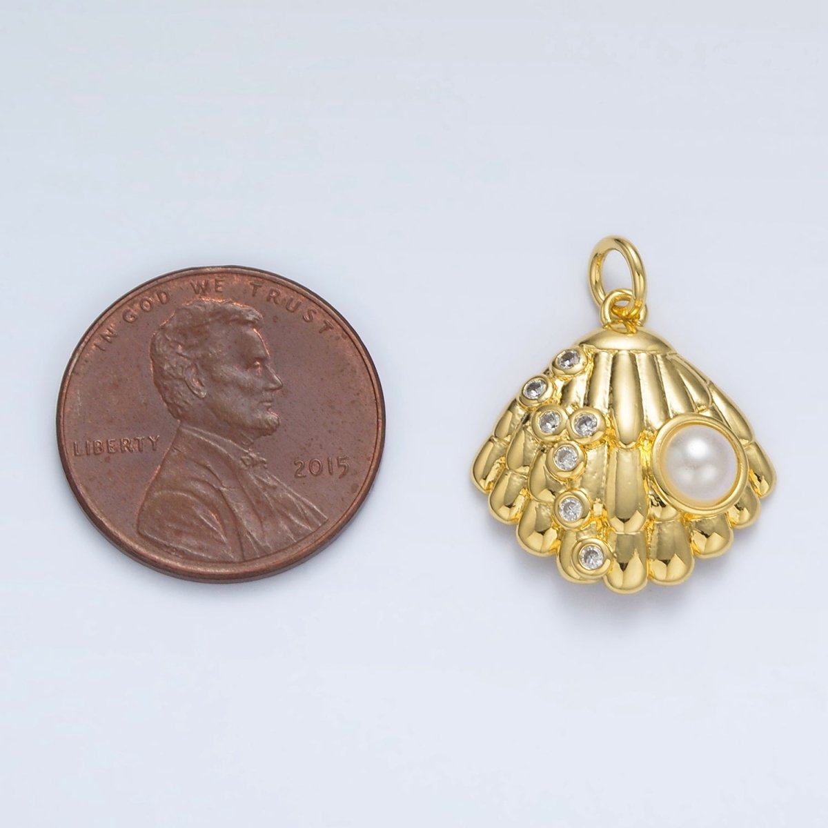 24K Gold Filled Pearl CZ Dotted Clam Sea Shell Charm in Gold & Silver | AG866 - DLUXCA