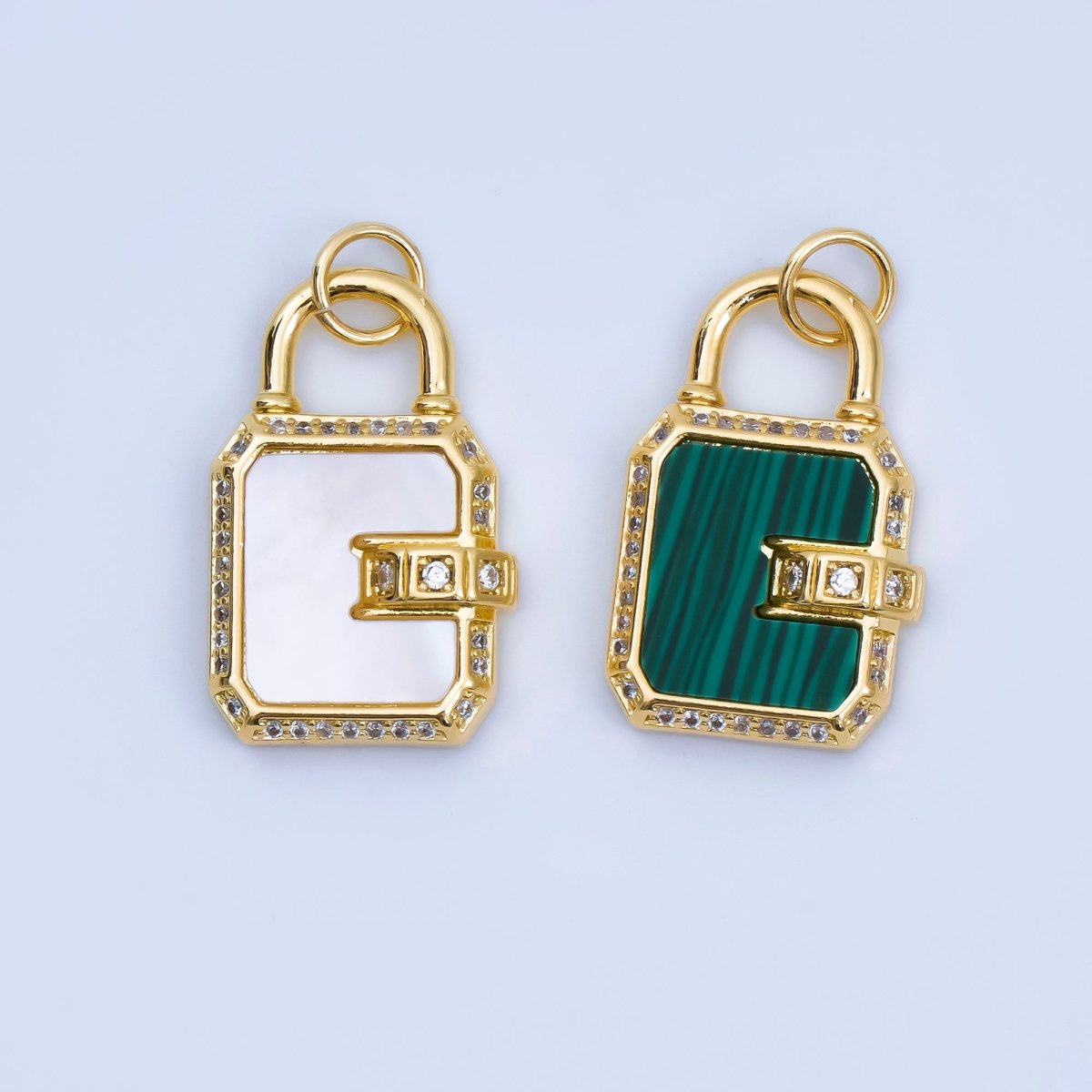 24K Gold Filled Pearl, Malachite Padlock Charm Micro Pave Cz Lock Pendant | AJ414 - DLUXCA