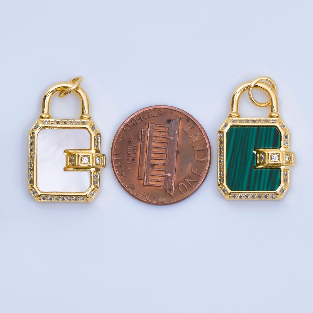 24K Gold Filled Pearl, Malachite Padlock Charm Micro Pave Cz Lock Pendant | AJ414 - DLUXCA