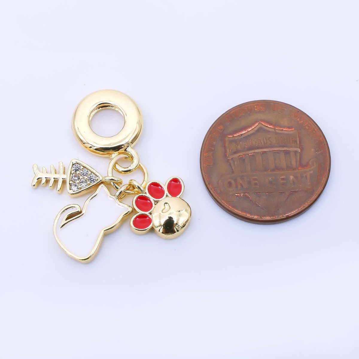 24K Gold Filled Pet Cat Kitten Paw Fish Bone Micro Paved Enamel Rondelle Drop Pendant | AF1308 - DLUXCA