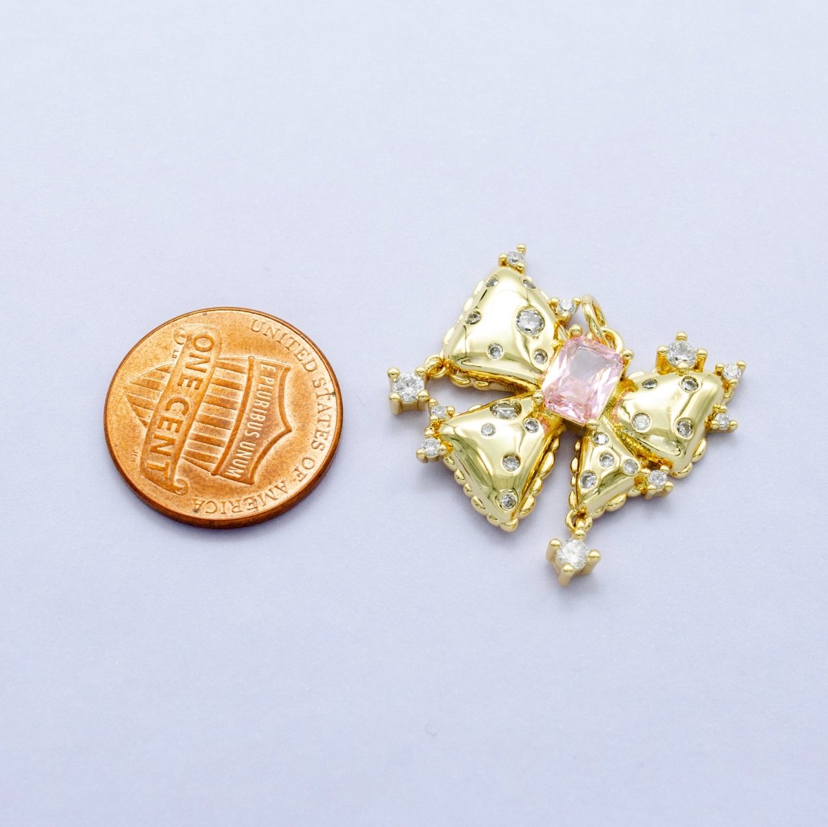 24K Gold Filled Pink Baguette CZ - Dotted Ribbon Bow Charm | M315 - DLUXCA