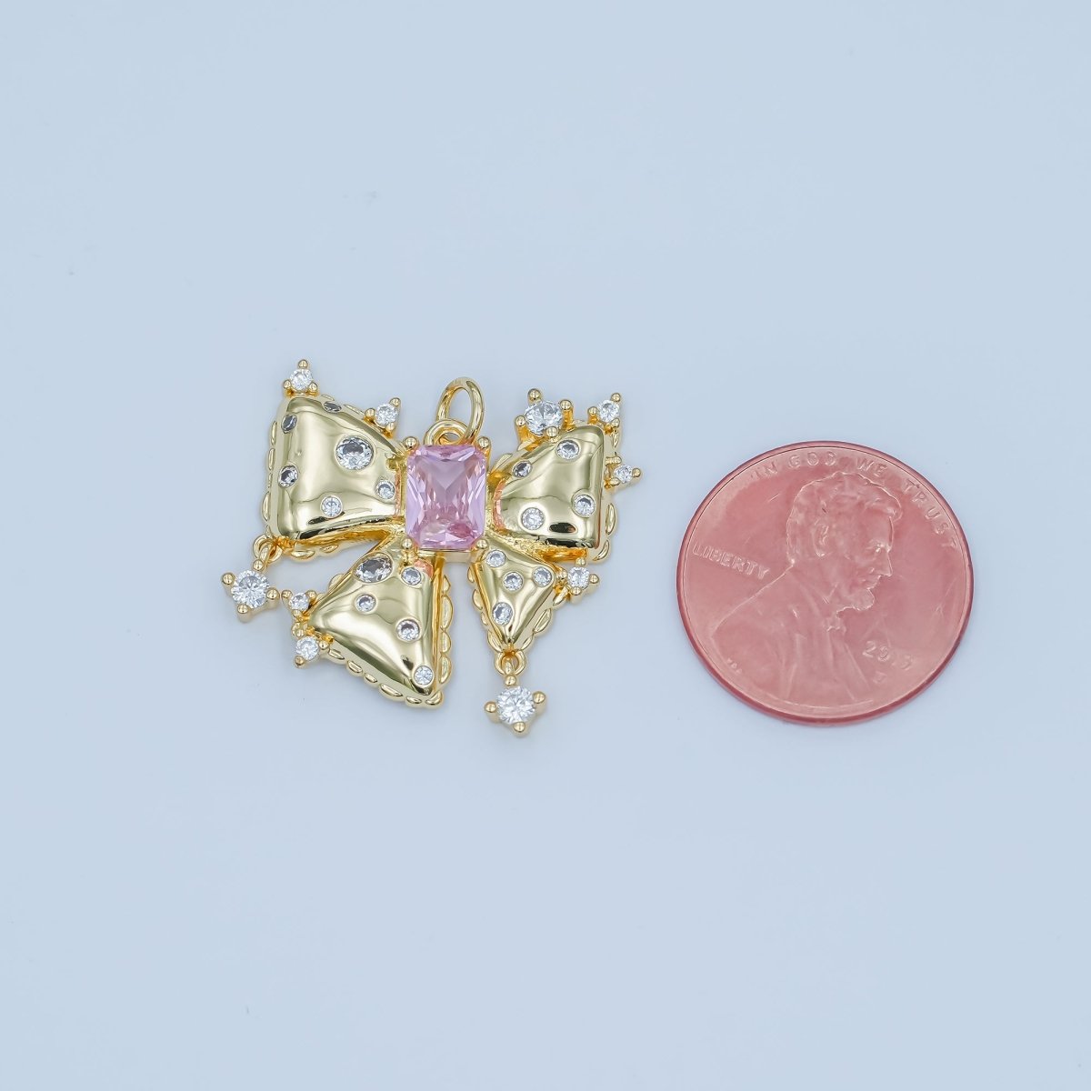 24K Gold Filled Pink Baguette CZ Dotted Ribbon Bow Charm | N040 - DLUXCA