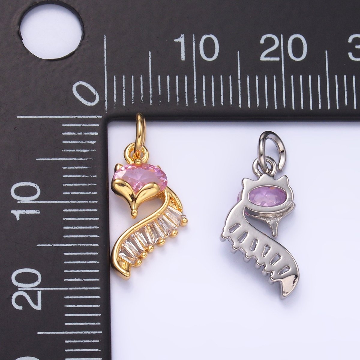 24K Gold Filled Pink Baguette CZ Fox Animal Charm in Gold & Silver | M462 - DLUXCA