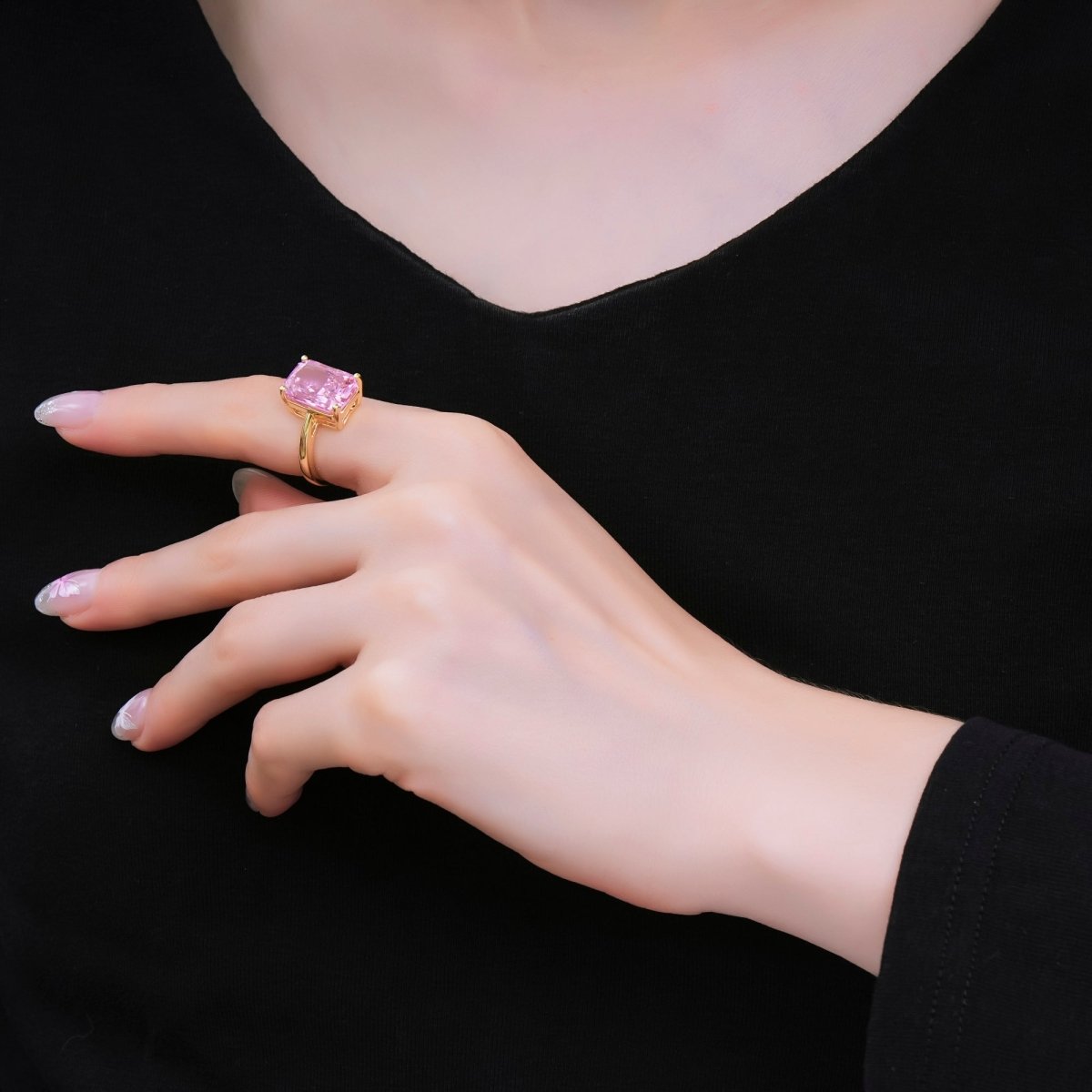 24K Gold Filled Pink, Clear Baguette CZ Solitaire Engagement Ring | O1035 O1059 - DLUXCA