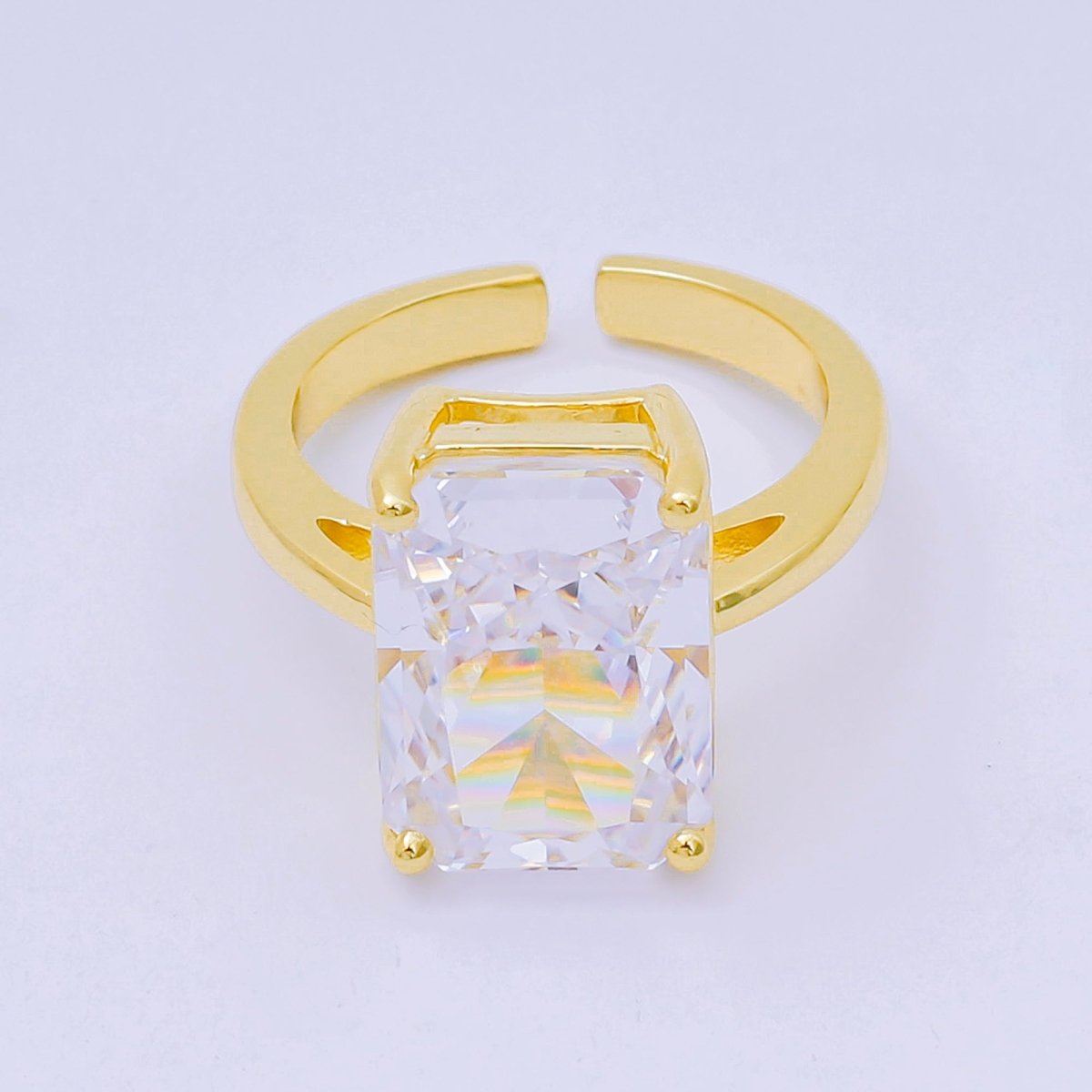 24K Gold Filled Pink & Clear Rectangular CZ Statement Solitaire Adjustable Ring | O - 1035 O - 1059 - DLUXCA